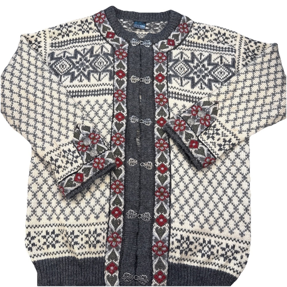 DALE OF NORWAY Beige Snowflake Wool Knit Ski Clasp Cardigan Sweater 52 (XL) VTG.